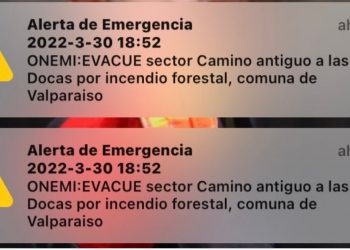 Alerta de emergencia se declara por celulares: se llama a los residentes del sector Las Docas de Valparaíso a abandonar la zona por incendio forestal